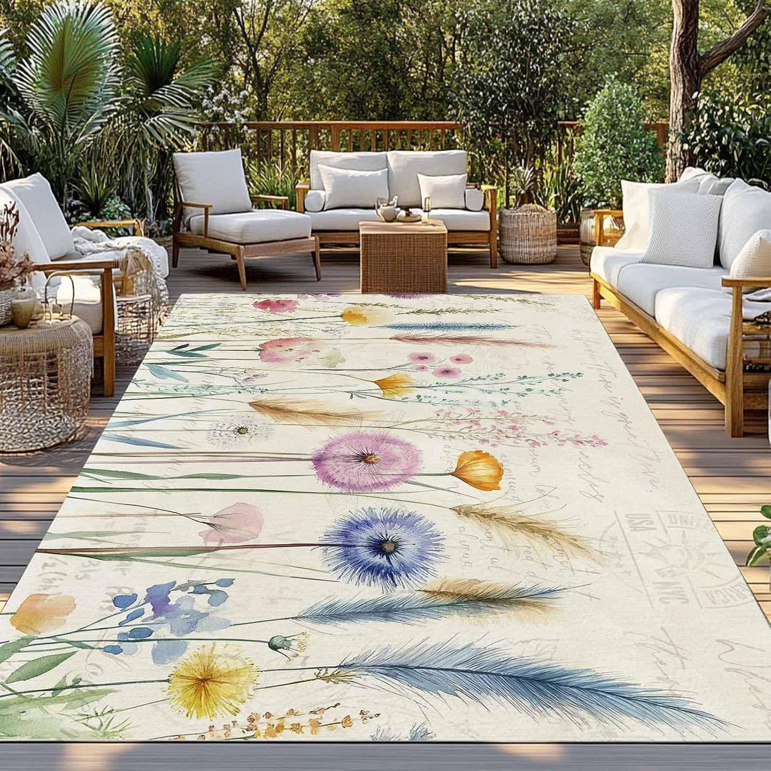 Outdoor Rug 4x6ft Spring Watercolor Flowers Patio Area Rugs Retro Beige Postcard Texture Waterproof Easy Cleaning Non Shedding Thick Mats Carpet for Indoor Outdoor Porch Deck Backyard Balcony