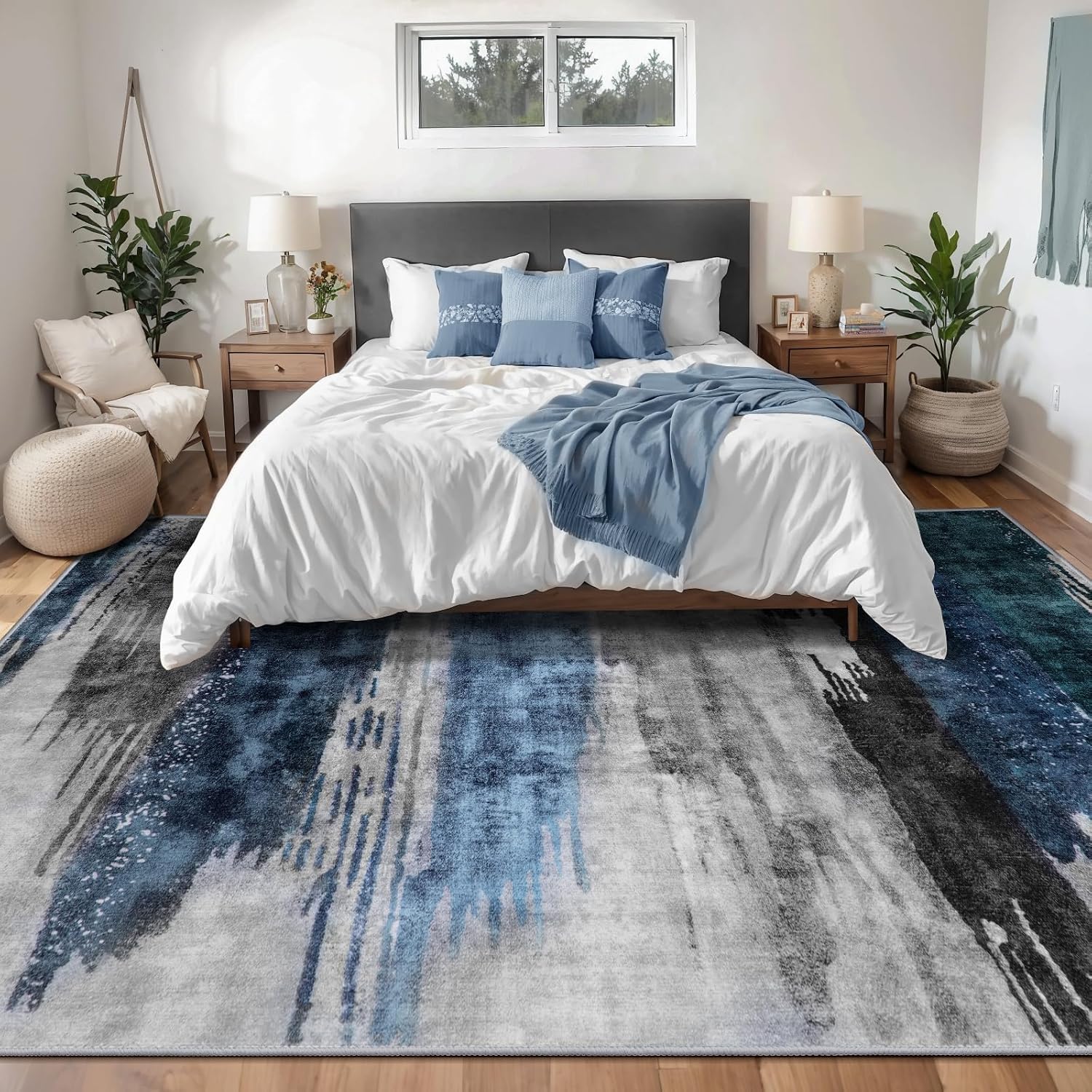 Ciicool Modern Abstract Deep Blue Gray Rug for Living Room, 8'x10' Machine Washable Area Rug Non-Slip Rug, Low-Pile Contemporary Indoor Dining Floor Carpet for Bedroom Office Under Table Home Decor