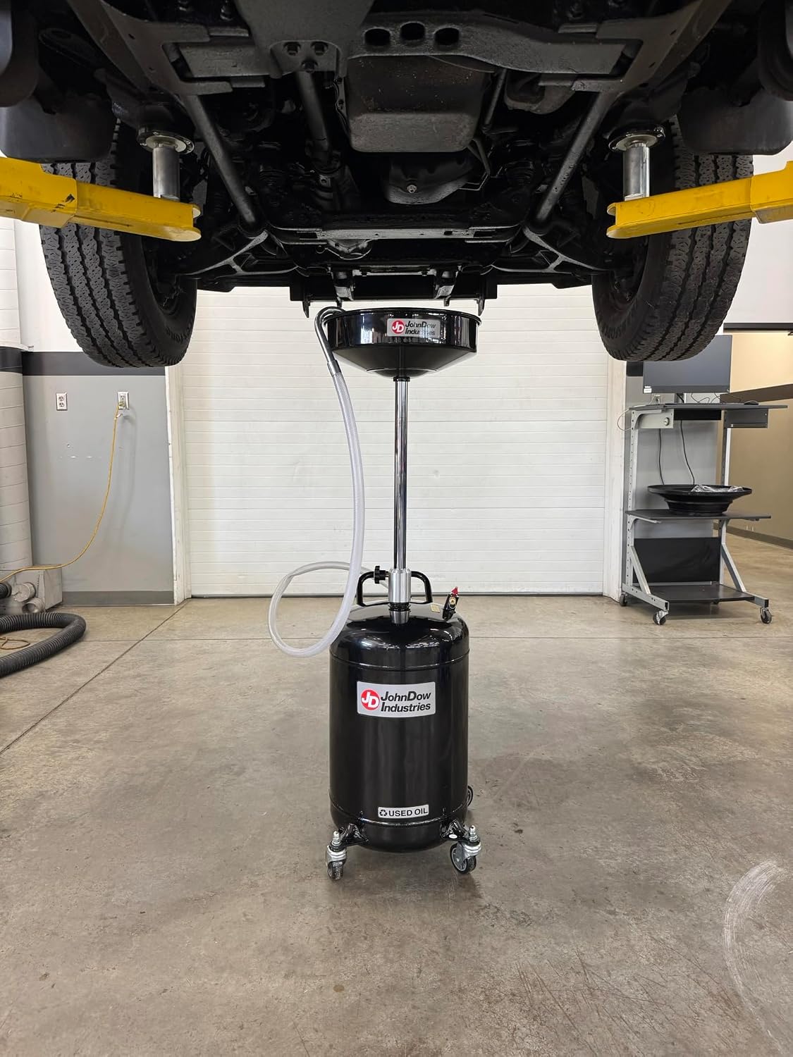 JohnDow Industries JDI-18DC 18-Gallon Self-Evacuating Portable Oil Drain with Auto-Check Technology, Adjustable 36-59' Height, 16' Funnel & 6' Hose – Heavy-Duty Waste Oil Drain for Auto Shops