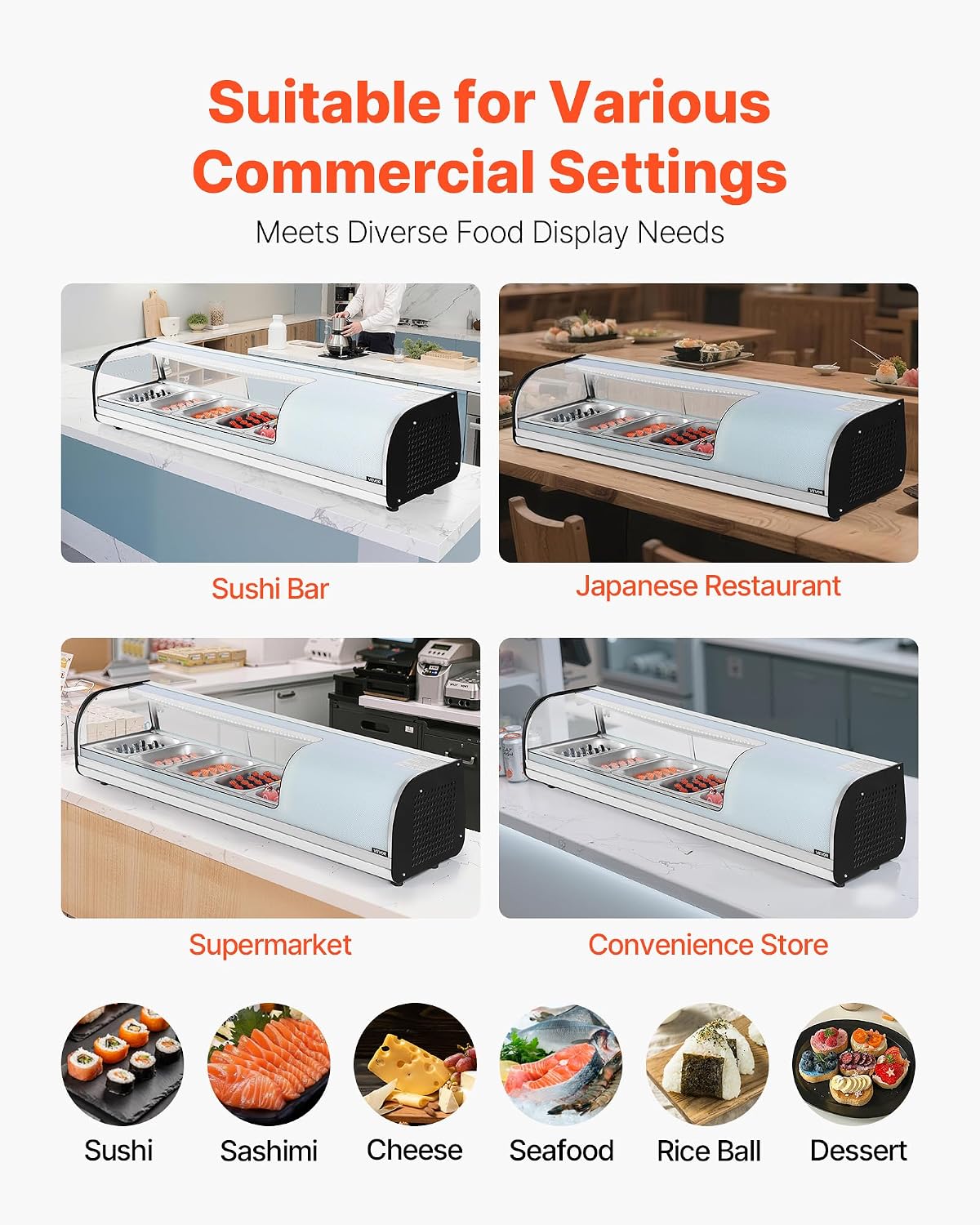 VEVOR Sushi Display Case Refrigerator, 1.8 Cu.ft Commercial Sushi Case, 5-Pan Countertop Showcase with Curved Glass, LED Lighting, and Digital Temperature Control, for Sushi-Bar, Restaurant, Store