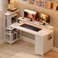 51 Inch Gaming Desk with LED Lights and Power Outlets, Computer Desk with Storage Shelves, Fabric Drawers, Monitor Stand & Side Hook, Reversible Gamer Table for Home Office, Carbon Fiber White