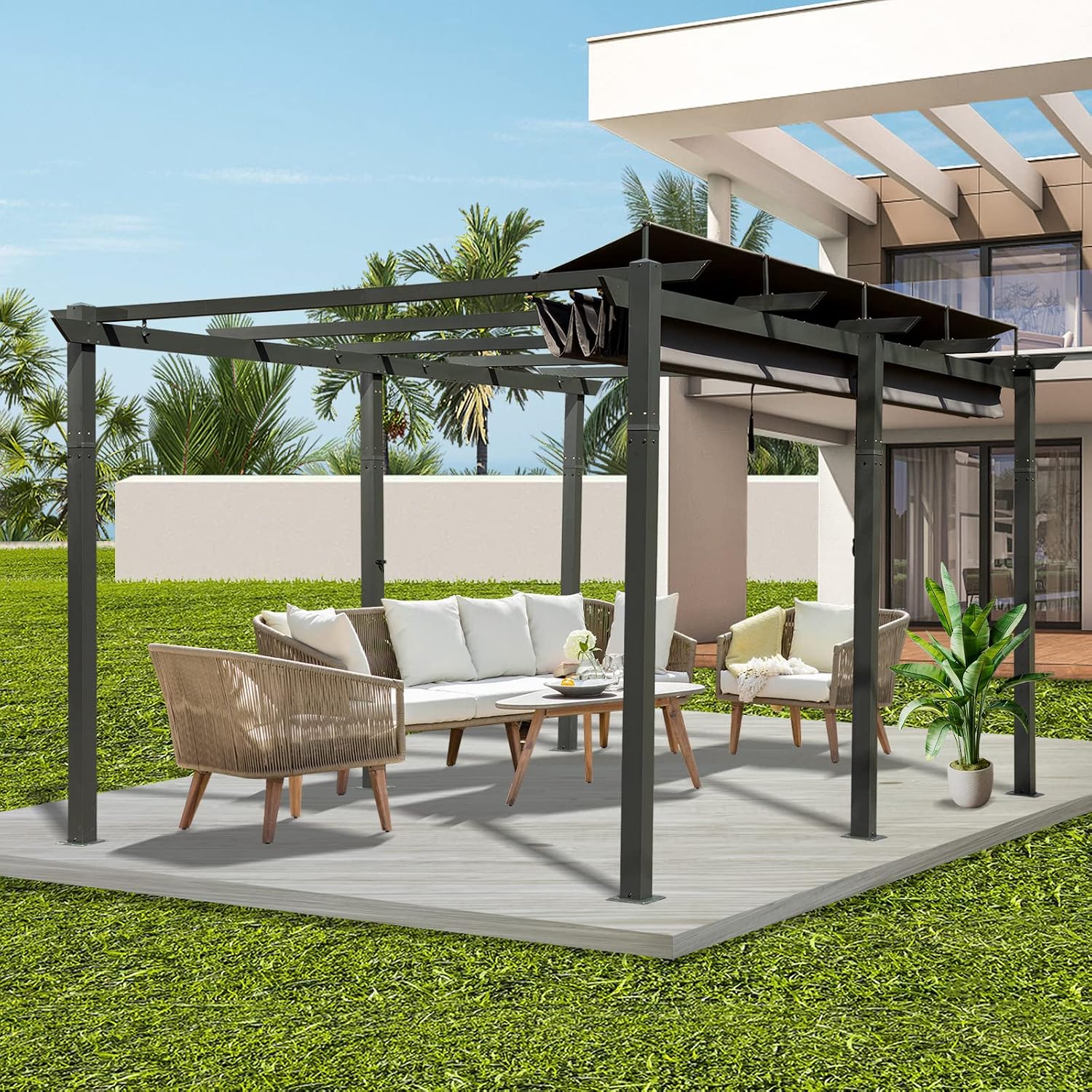 Domi 11x16FT Outdoor Pergola Canopy with Retractable Sun Shade, Weather-Resistant Aluminum Frame for Patio, Backyard, Deck, Garden, BBQ, and Gatherings