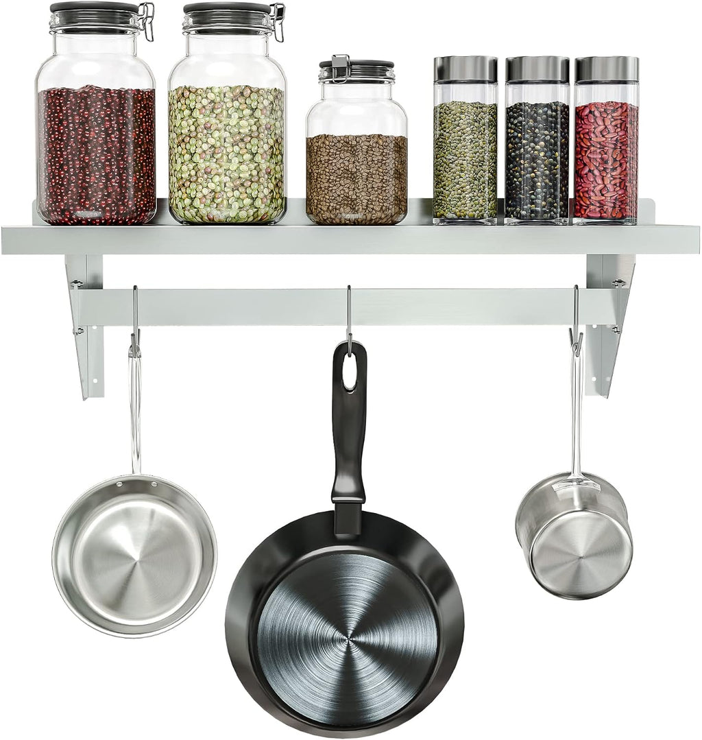 KoolMore 36' Commercial Wall Mounted Pot Rack Organizer Shelf with 3 Removable Storage Hooks for Pots and Pans, Stainless-Steel Storage Holder (WMPS-1236), 12' X 36'