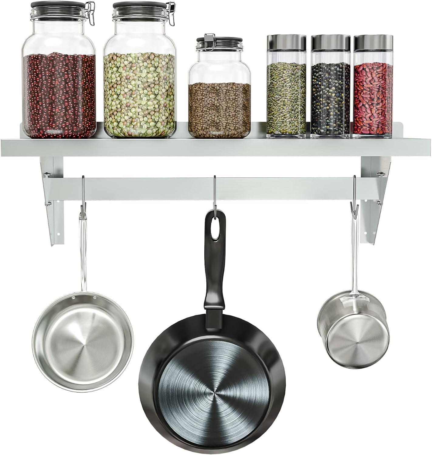 KoolMore 36' Commercial Wall Mounted Pot Rack Organizer Shelf with 3 Removable Storage Hooks for Pots and Pans, Stainless-Steel Storage Holder (WMPS-1236), 12' X 36'