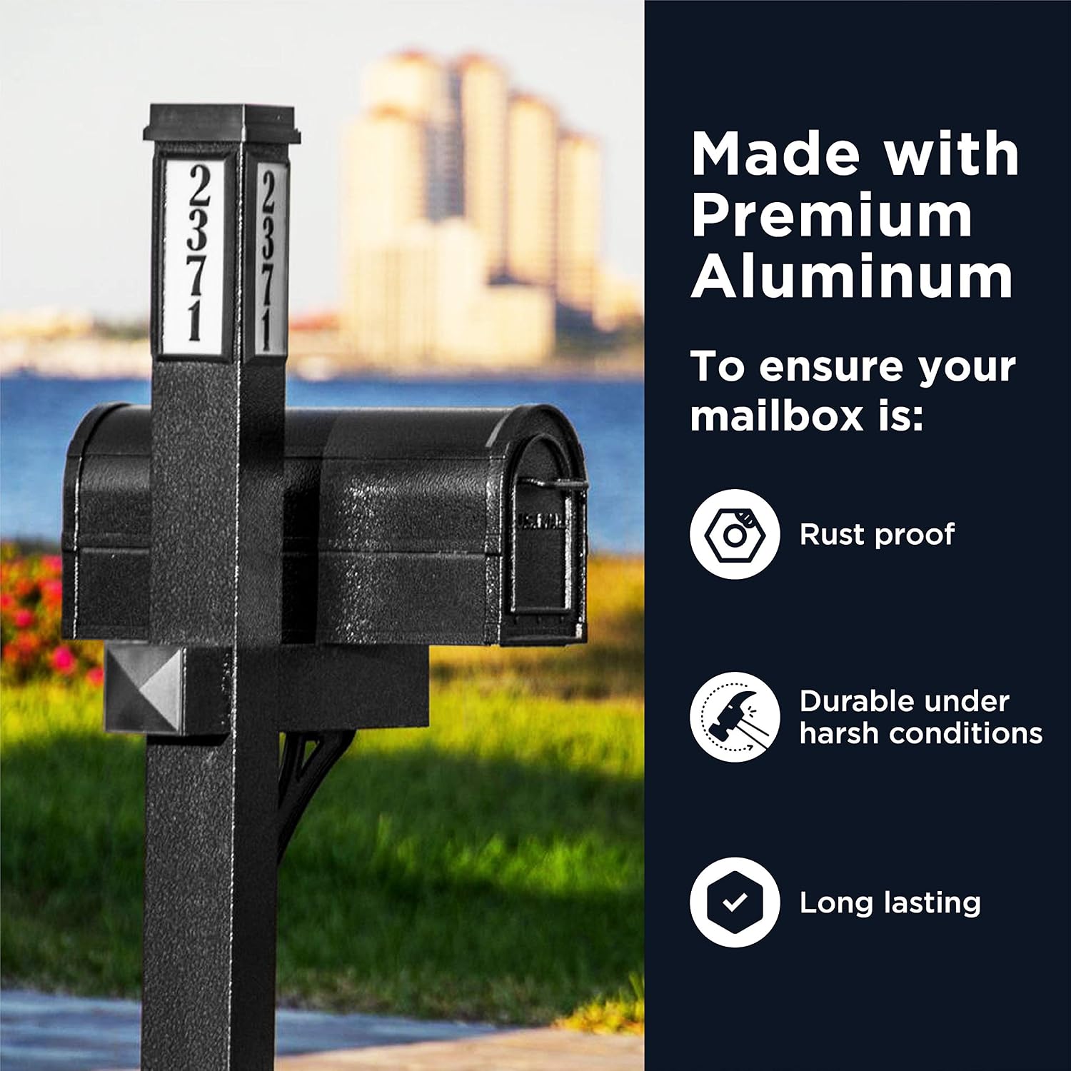 Premium Mailbox with Post & Solar Illuminated Custom Number Address | Aluminum Durable Post Design | Easily Direct Emergency Personnel, Family, and Friends Day & Night (Black)