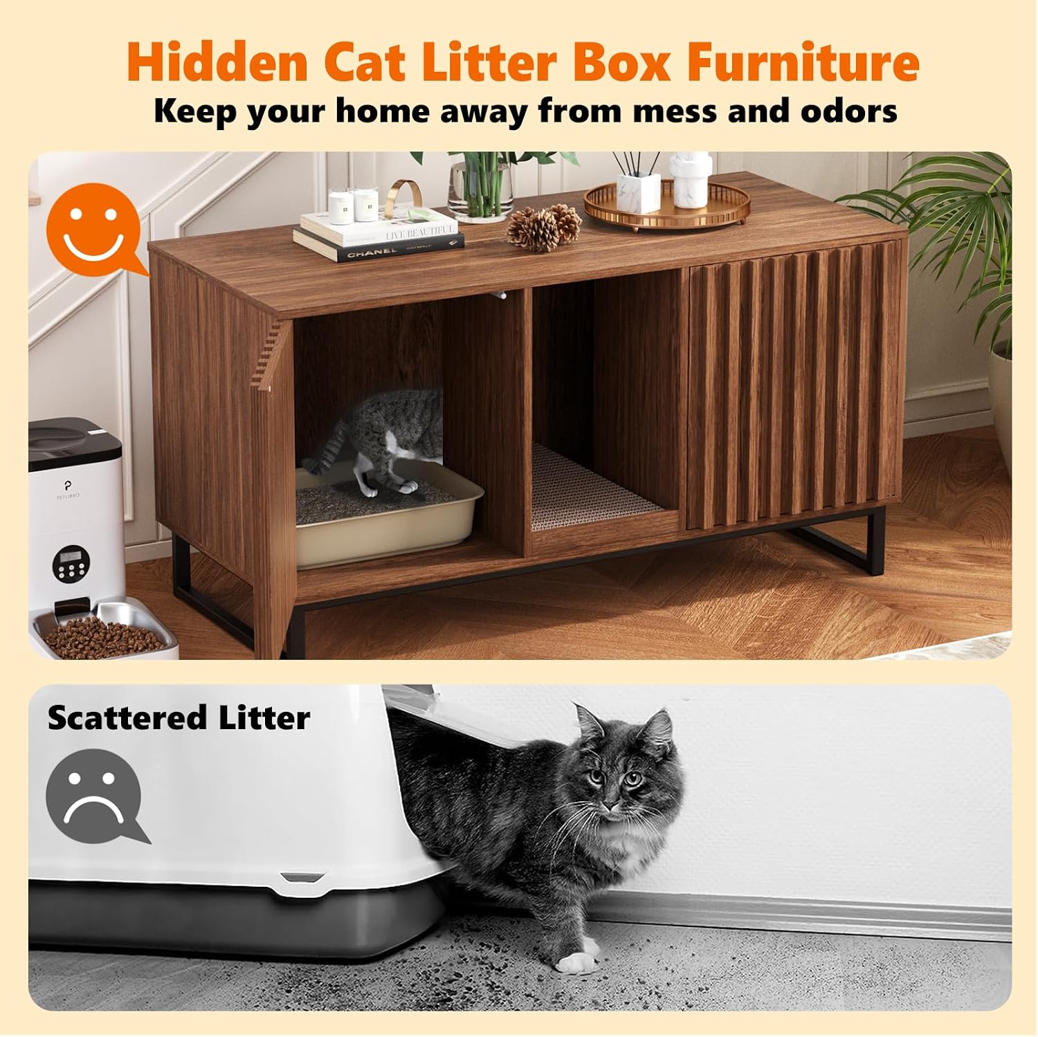 Halitaa Double Litter Box Enclosure,Modern Cat Litter Box Enclosure for 2 Cats, Hidden Litter Box with Cat Scratch Pad, Cat Washroom Cat House End Table, Entryway Bench for Livingroom (Brown)