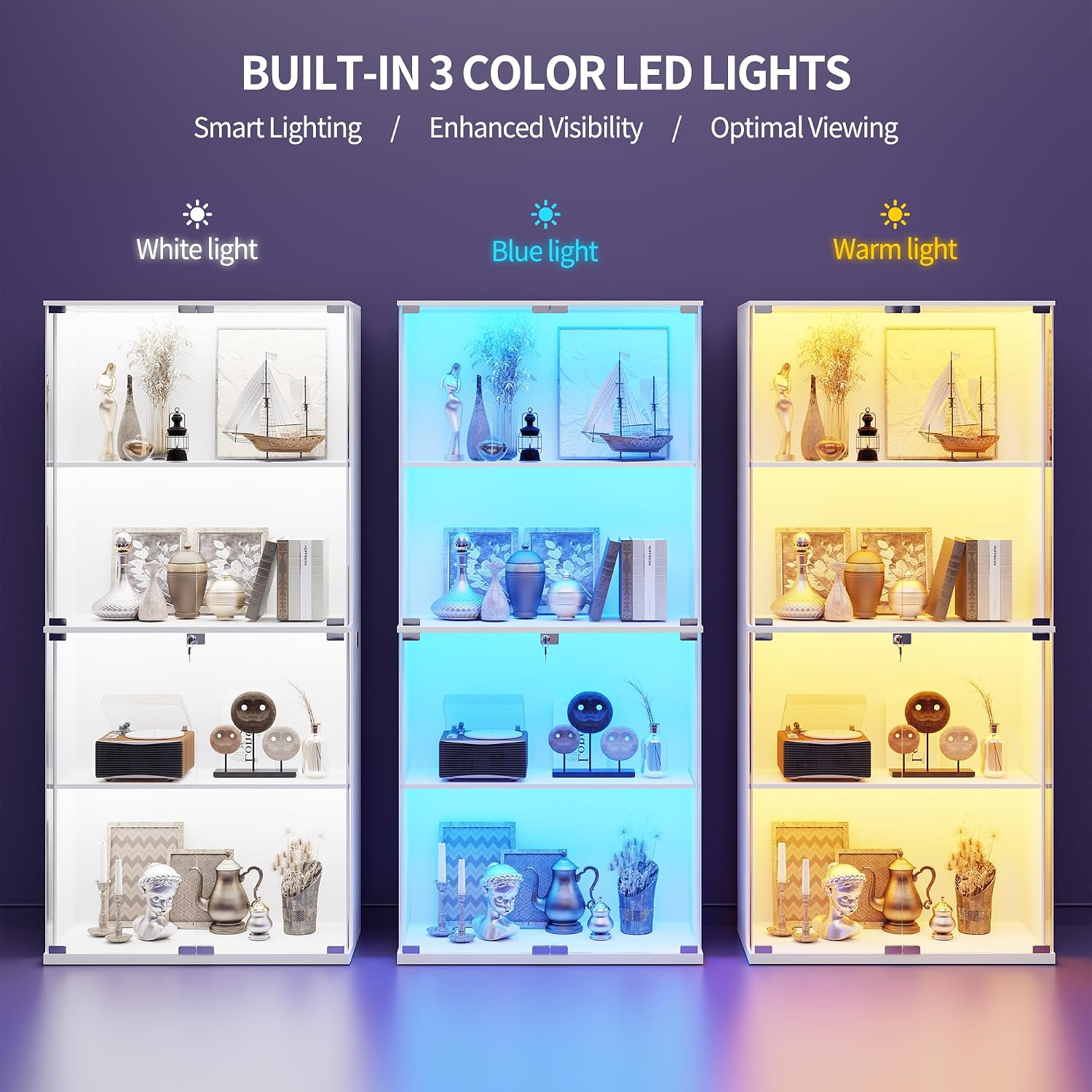 HNEBC Glass Display Cabinet with LED Lights - 4-Tiers Curio Cabinet Display Case with Lock,China Cabinet with Human Body Senor for Collectibles & Legos,Living Room Bookcase Storage Cabinet (White)