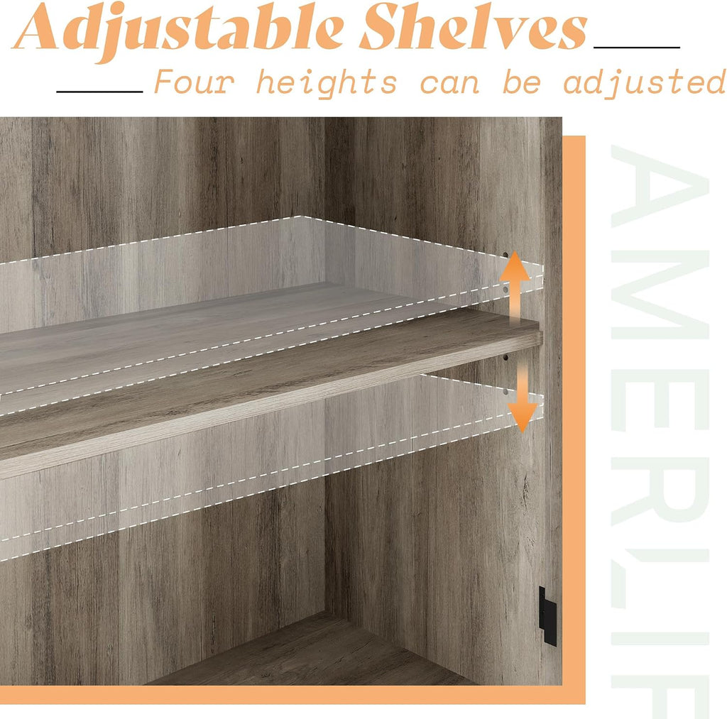 AMERLIFE Farmhouse 63' Buffet Sideboard Cabinet with Glass Door, Large Storage Cabinet with Adjustable Shelf, Wooden Coffee Bar Station for Kitchen, Dinning Room, Rustic Grey