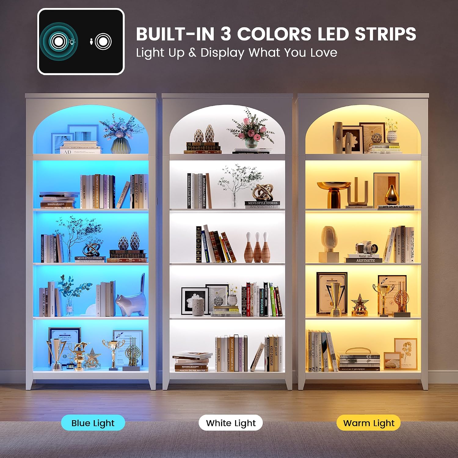 70' Tall Bookshelf with LED Lights, 5-Tier Modern Farmhouse Wood Bookcase with Arched Design, Sturdy Standing Shelf for Living Room, Bedroom, Office Library, White