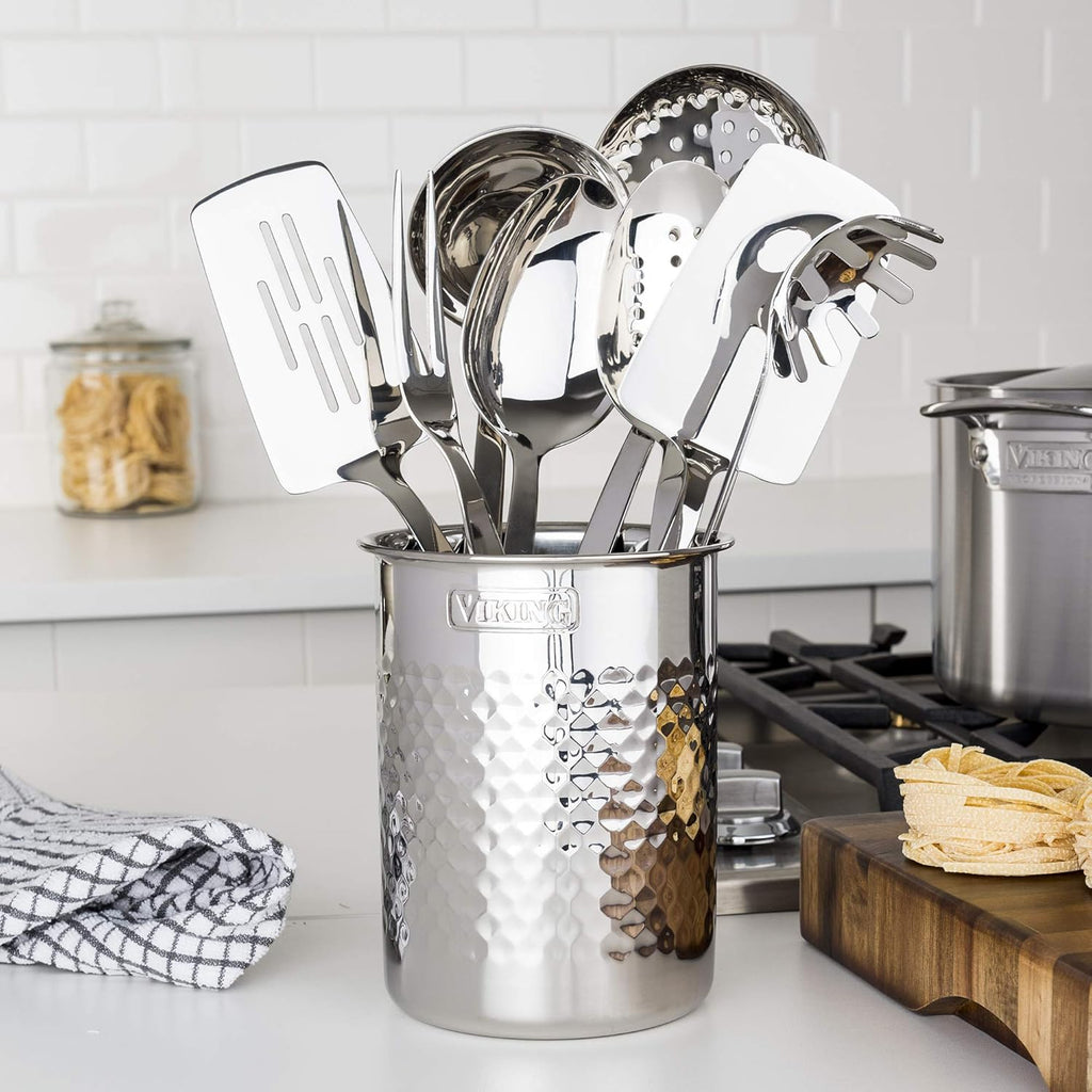 Viking Culinary Contemporary 3-Ply Stainless Steel Cookware Set, 10 Piece, Dishwasher, Oven Safe & Culinary Hammered Stainless Steel Utensil Holder, Dishwasher Safe,Silver 6.75' x 4.75'