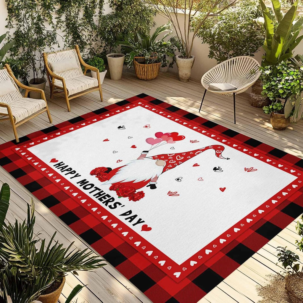 Outdoor Rug 4x6ft Mother's Day Carnation Dwarf Red Buffalo Check Patio Area Rugs Waterproof Easy Cleaning Non Shedding Thick Mats Black Carpet for Indoor Outdoor Porch Deck Backyard Balcony