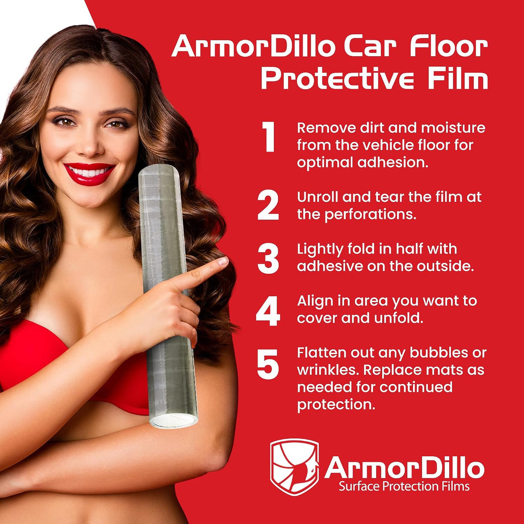 ArmorDillo Dealer Must Remove Floor Mats – 1 Roll, 24' x 600' Clear Plastic Film | Automotive Carpet Protection Adhesive Roll for Car Detailing, Service Shops, and Disposable Floor Covers