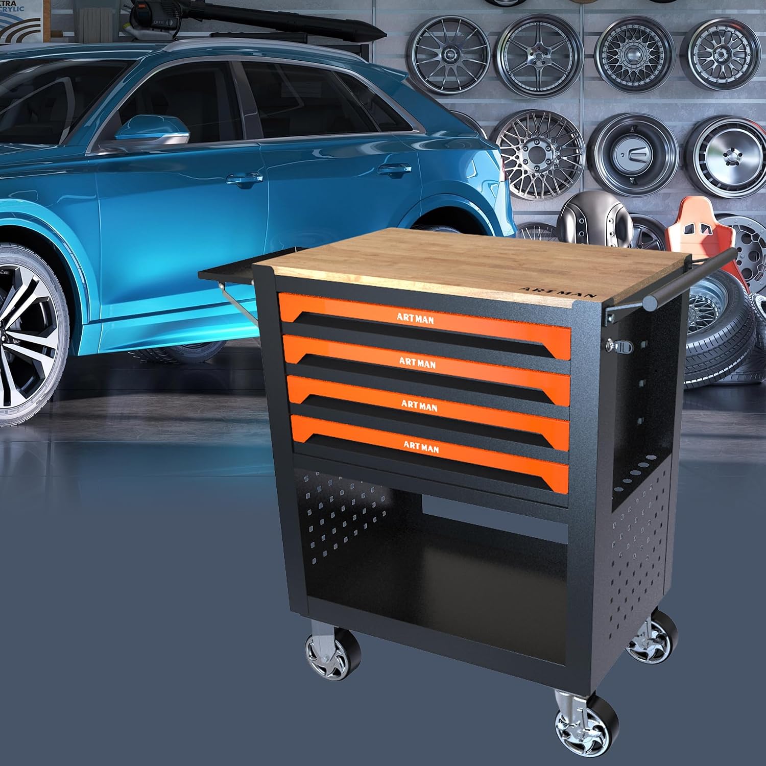 Campfun 4 Drawers Tool Box with Wheels Rolling Tool Cart with Drawers, Workbench Tool Box, Wooden Top Tool Boxes, Metal Multifunction Tool Cart for Garage, Warehouse, Repair Shop, Orange