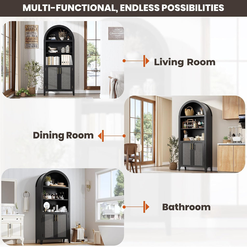 IDEALHOUSE Arched Kitchen Pantry Cabinet with Doors - 5-Tier Open Display Shelf with Rattan Decor, Farmhouse Storage Cabinet for Kitchen, Dining Room, Living Room, Black