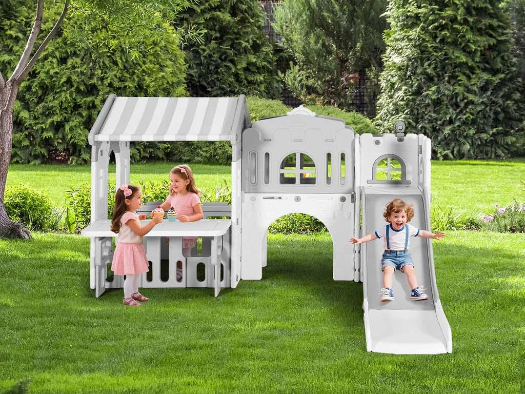 JOYLDIAS 9 in 1 Toddler Slide, Freestanding Kid Climber Slide Playset, Toddler Playhouse with Slide, Basketball Hoop and Climbing Frame, Indoor Outdoor Backyard Playground Toy for Toddlers Age 1-3+