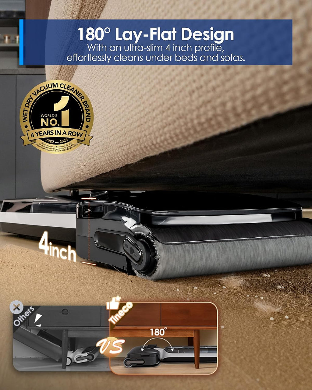 Tineco Floor ONE S6 Master Wet Dry Vacuum Cleaner, 20kPa Suction Vacuum Mop with Dual-Edge Cleaning, 45 Min Runtime (Quite Mode), 185°F Flashdry, 4inch Ultra-Slim