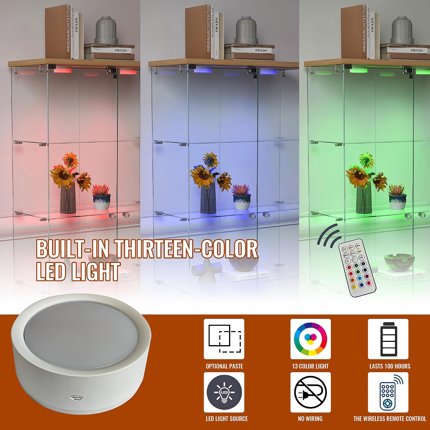Modern Glass Display Cabinet with LED Light 4-Shelf Curio Cabinets with Storage Drawer and Wheels,Tempered Glass Display Shelf Bookcase for Living Room Home Office