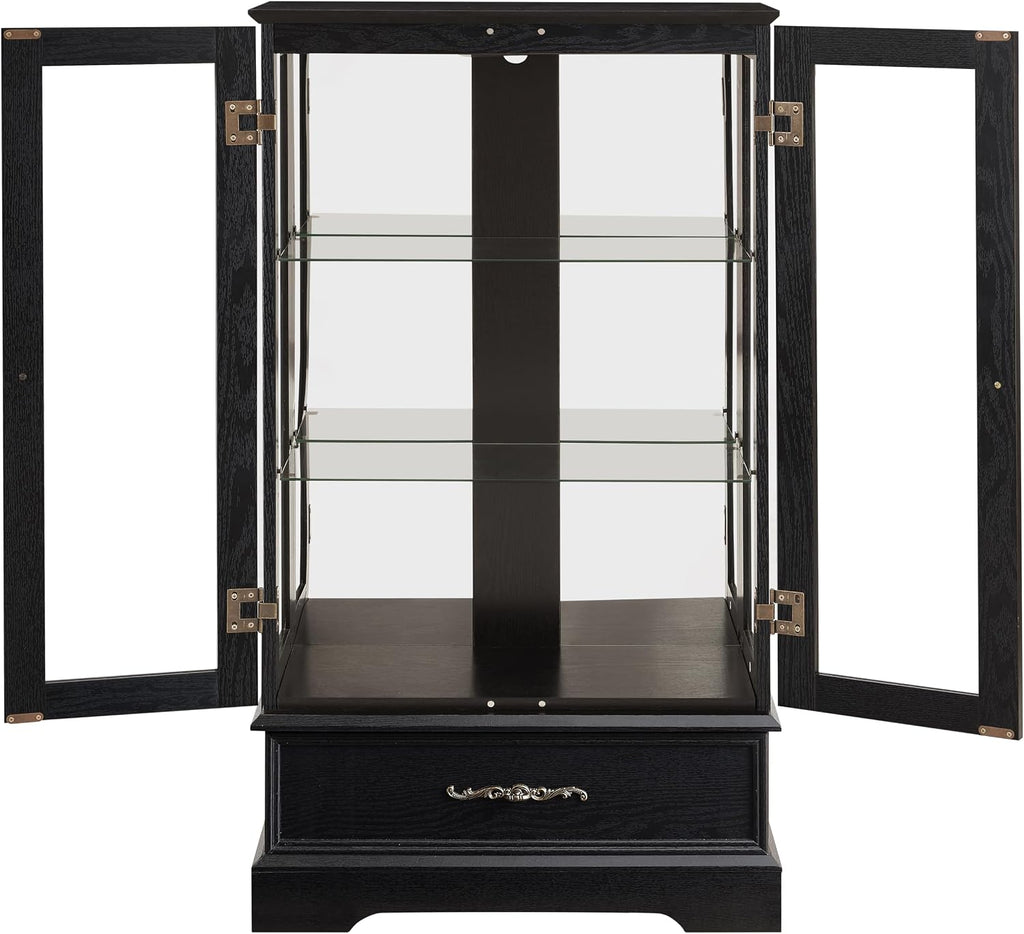 Display Cabinet with Glass Doors Drawer, Lighted Curio Cabinet with Adjustable Glass Shelves and Mirrored Back Panel, Retro Floor Standing Storage Cabinets for Living Room, Black