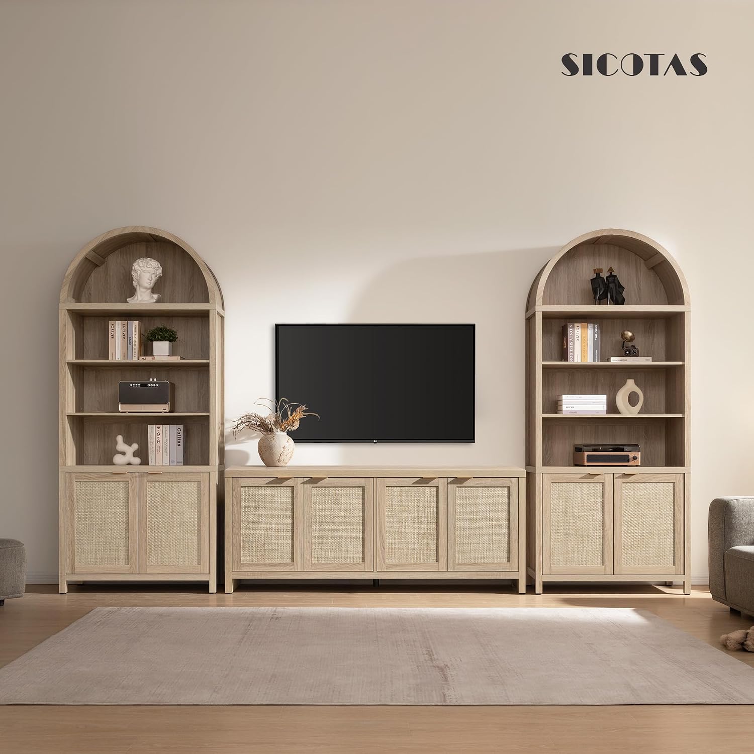 SICOTAS Book Shelf Arched Cabinet Bookshelf Arch 84.2' Tall Bookcase 5 Tier Large Bookshelves with Doors Storage Rattan Boho Wide Book Shelves Case for Living Room Kitchen Office Bedroom Library