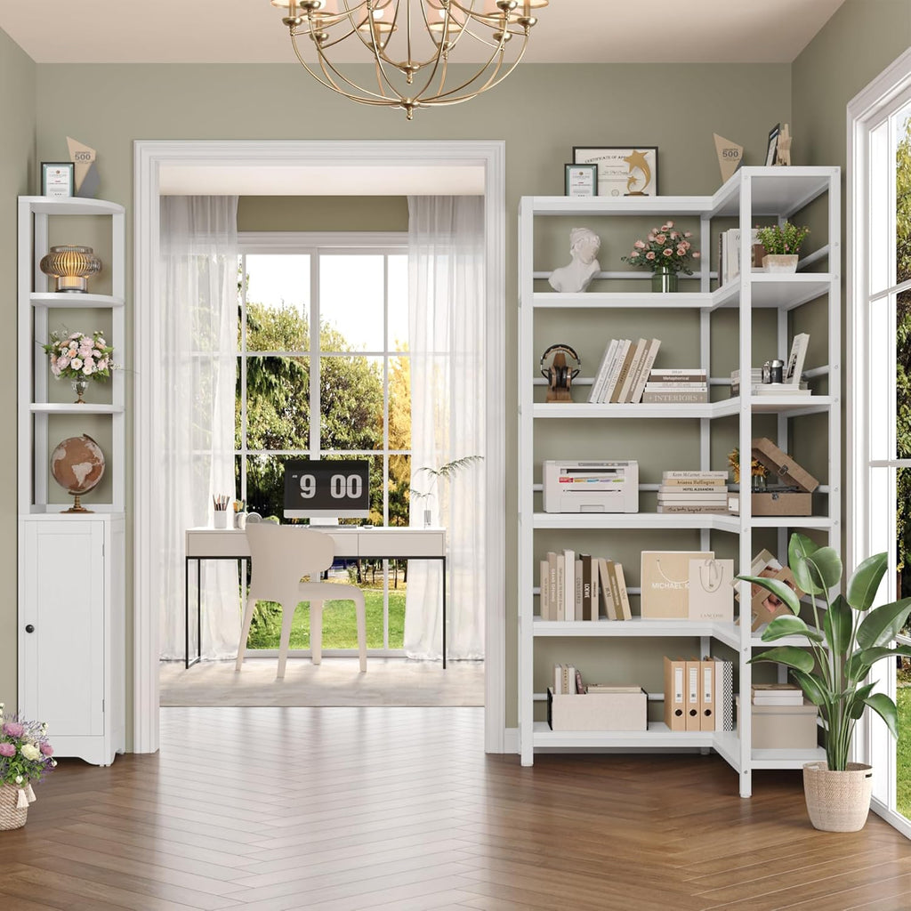 Keyluv 72' Tall Corner Bookshelf with Door, 6-Tier L Shaped Bookshelves and Bookcase with Storage Cabinet, 2 Pieces Individual Convertible Book Shelf, Display Shelf for Home Office Living Room, White