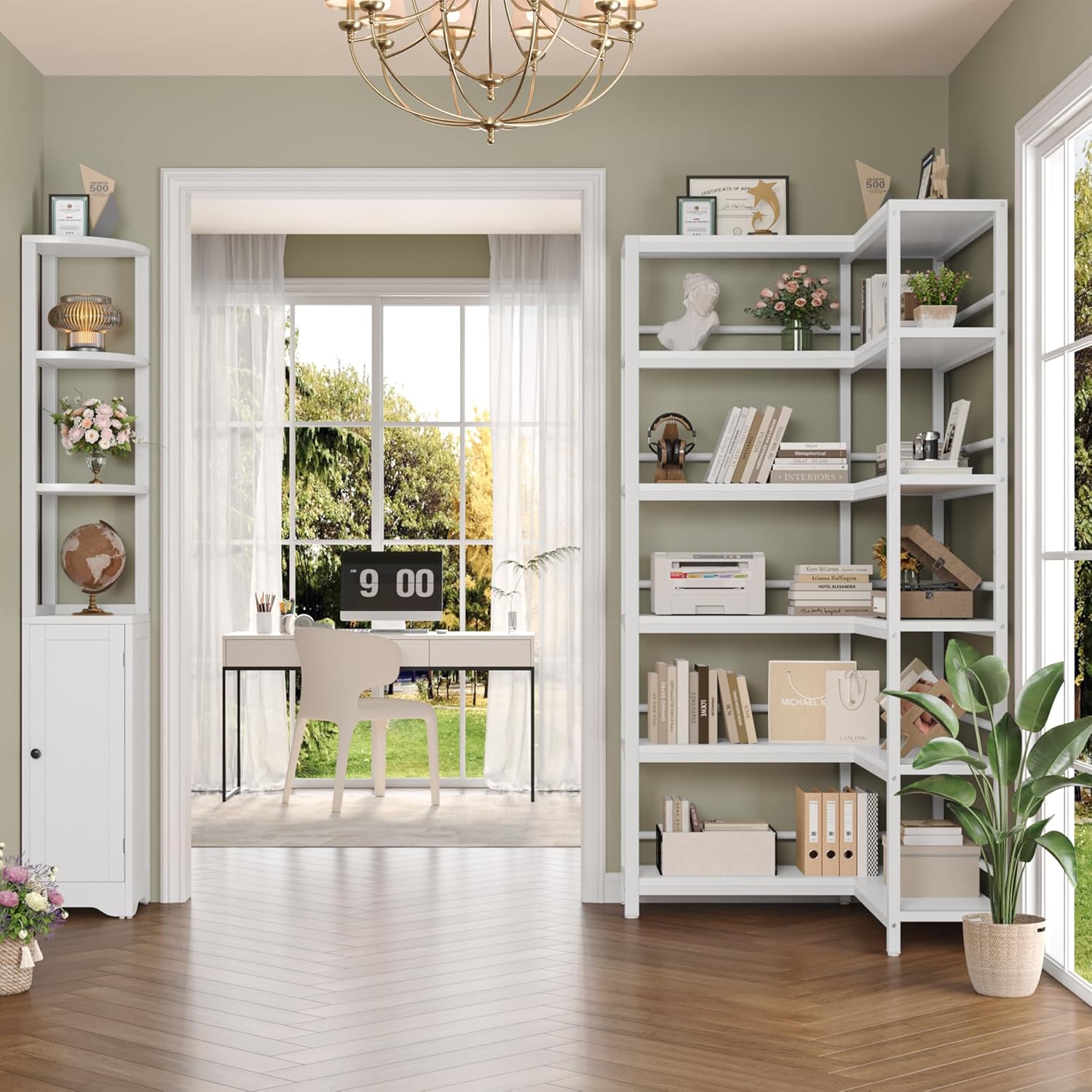 Keyluv 72' Tall Corner Bookshelf with Door, 6-Tier L Shaped Bookshelves and Bookcase with Storage Cabinet, 2 Pieces Individual Convertible Book Shelf, Display Shelf for Home Office Living Room, White
