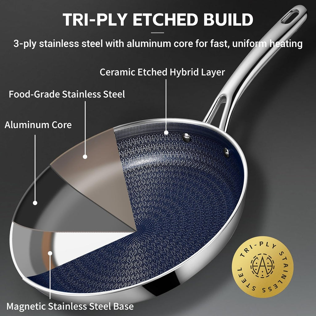 Ammeloo Hybrid Stainless Steel Cookware Set, 17-Piece Tri-Ply Pots and Pans Set Non Stick, Induction Kitchen Cookware Sets, Dishwasher & Oven Safe, PFOA Free, All Cooktops Compatible, Navy Blue