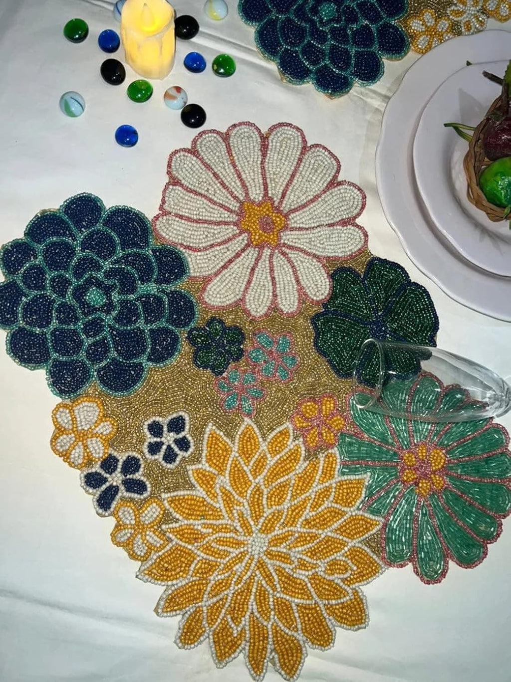 HM Creations Multicolor Table Runner Beaded Table Runner, Floral Summer Table Runner and Mats 13X36 Inch Beaded Multicolor Floral Table Runner for Center Table, Dinning Decoration. (6 Place Mats)