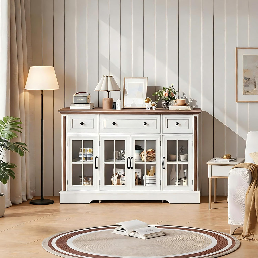 Sideboard Buffet Cabinet with Storage and Glass Doors,4-Door Cabinet with 3 Drawers,53.5' Farmhouse Modern Sideboard with Adjustable Shelves,Coffee Bar Cabinet for Kitchen & Dining Room,White
