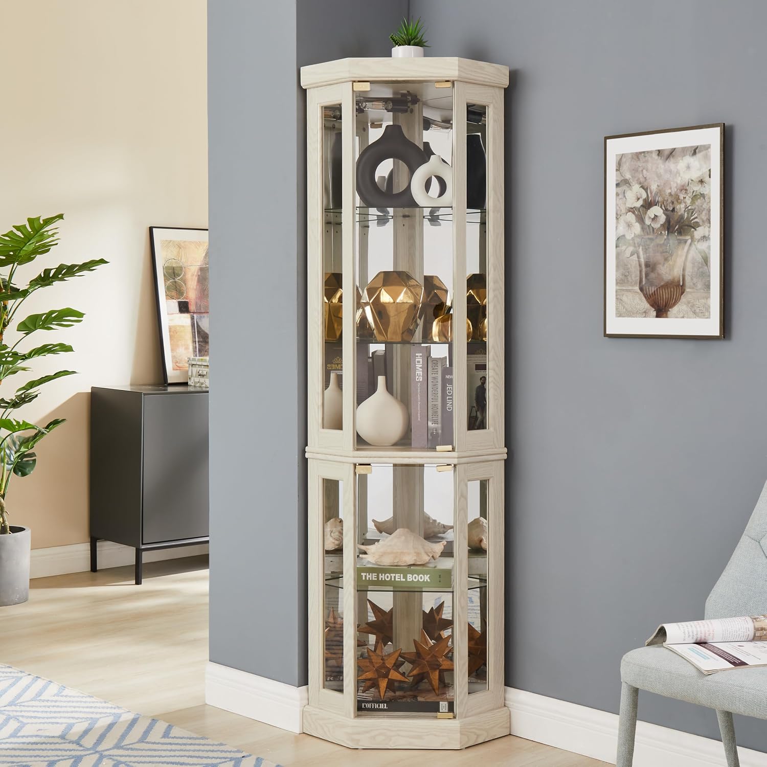 69' H Lighted Curio Cabinet Corner Display Case,Corner Glass Cabinet with Tempered Glass Door and Adjustable Shelves,Wooden Curio Case with Mirrored Back Pane (Style 2 - Antique White)