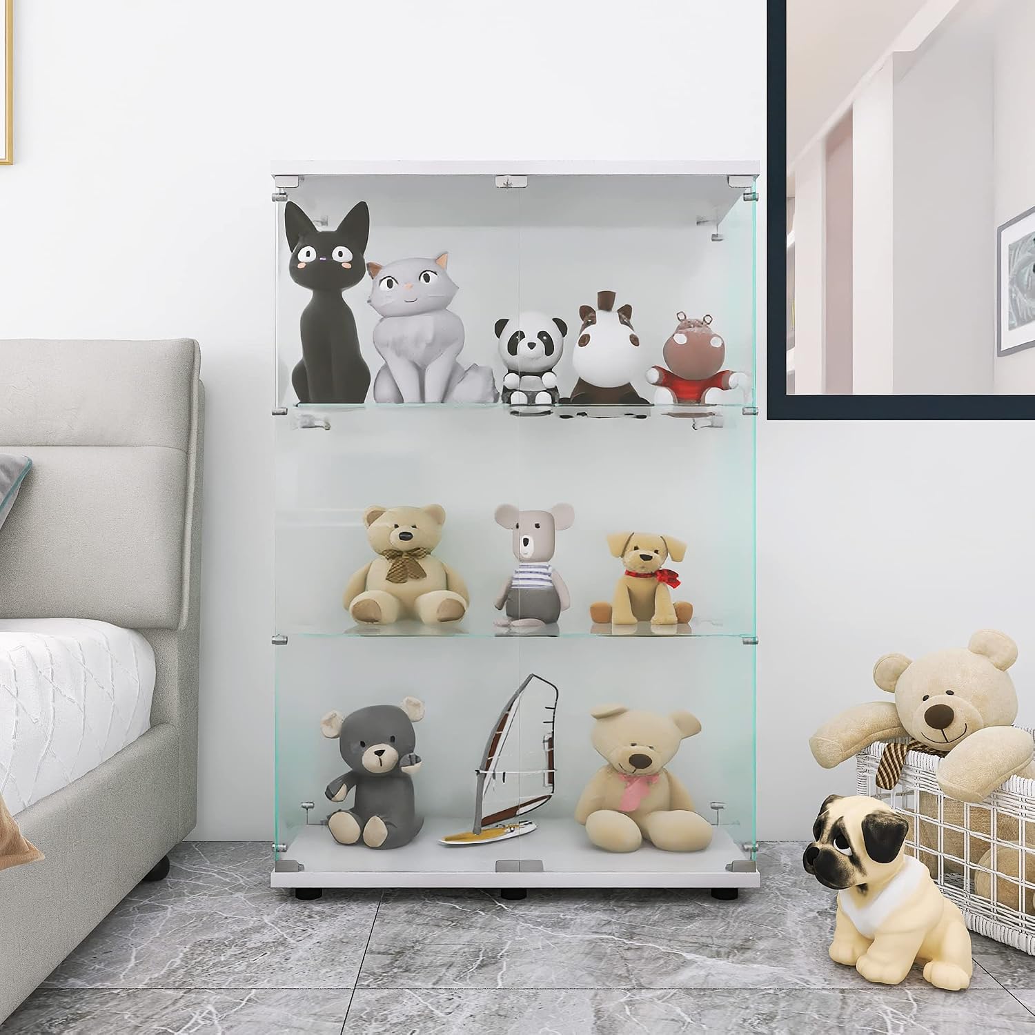 LFT HUIMEI2Y Glass Display Cabinet 3-Shelf with Double Door, Curio Cabinets Fast Installation in 30 Mins, Tempered Glass Floor Standing Bookshelf for Bedroom, Living Room 49.1'x 31.7'x 14.4' White