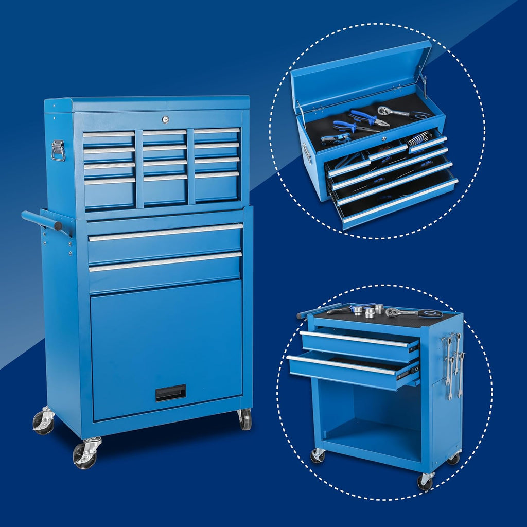 8 Drawers Tool Cart on Wheels with 1 Cabinet, Multifunctional Removable Rolling Storage Tool Chest Set,Tool Trolley Organizer Tool Box for Garage,Warehouse,Workshop,Repair Shop (42.5'H - Blue)