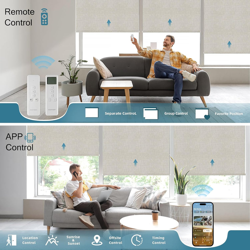 Motorized Roller Shade,100% Blackout Smart Window Blinds Work with Homekit, Alexa, Google Home, Remote Control, Electric Blinds with USB/Solar Pannel,Custom up110''Wx120''H,Texture Cream