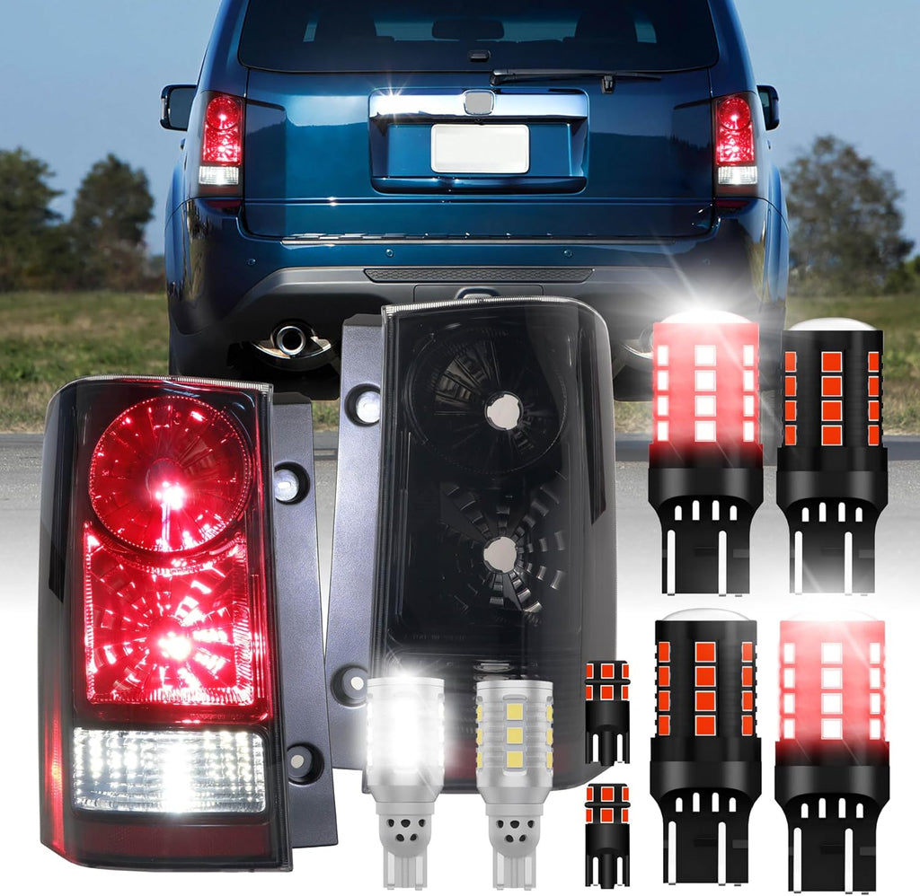 USR 09-15 Pilot JDM Style Tail Light – WITH 8 LED Bulbs Upgrade - Tail Lamps Set (Left + Right) - Compatible with 2009-2015 Honda Pilot SUV All Models (CLEAR LENS WITH BLACK HOUSING w/LED BULBS)