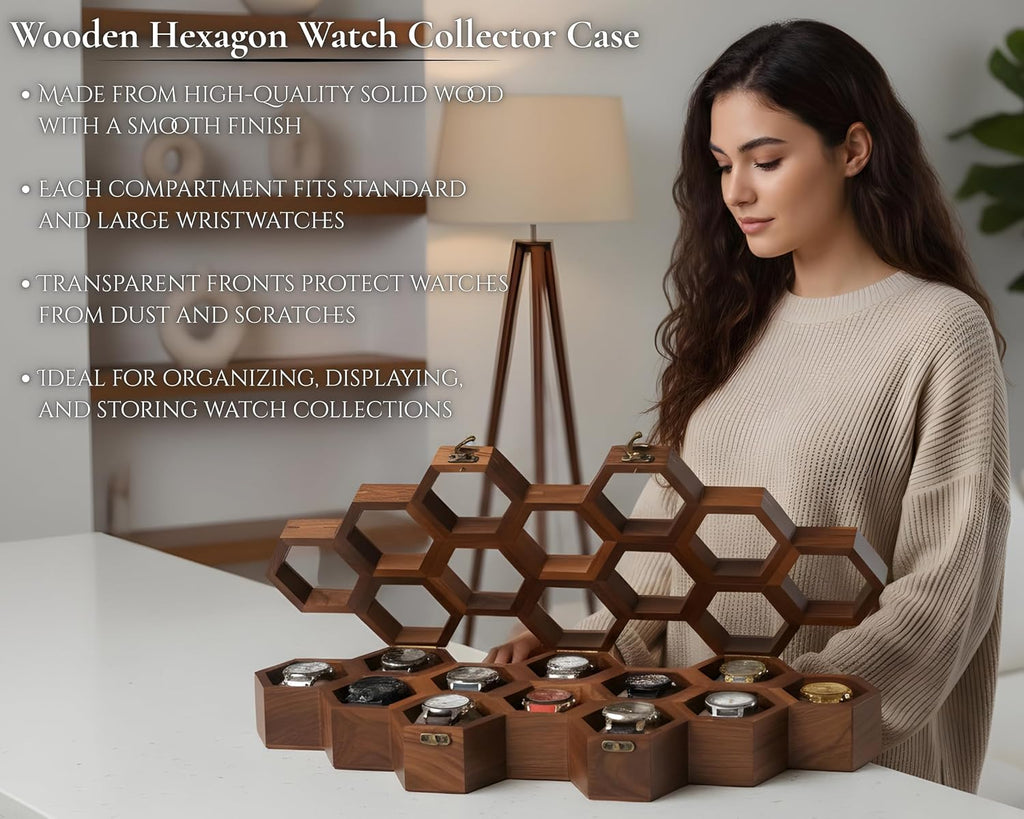 Extra Large 12 Slot Superior Rosewood Honeycomb Wall Mounted Watch Box Display Case Holder for Men, Vintage Hanging Watch Storage Organizer to Keep Watches Safe and Sophisticated