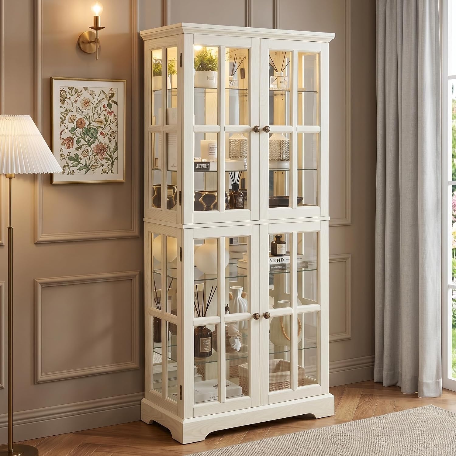 Glass Display Cabinet, 69' H Curio Cabinet with Adjustable Shelves and 4 Glass Doors, Light Bulb Included, Elegant Antique Showcase, Rack for Living Room/Home Office (White)
