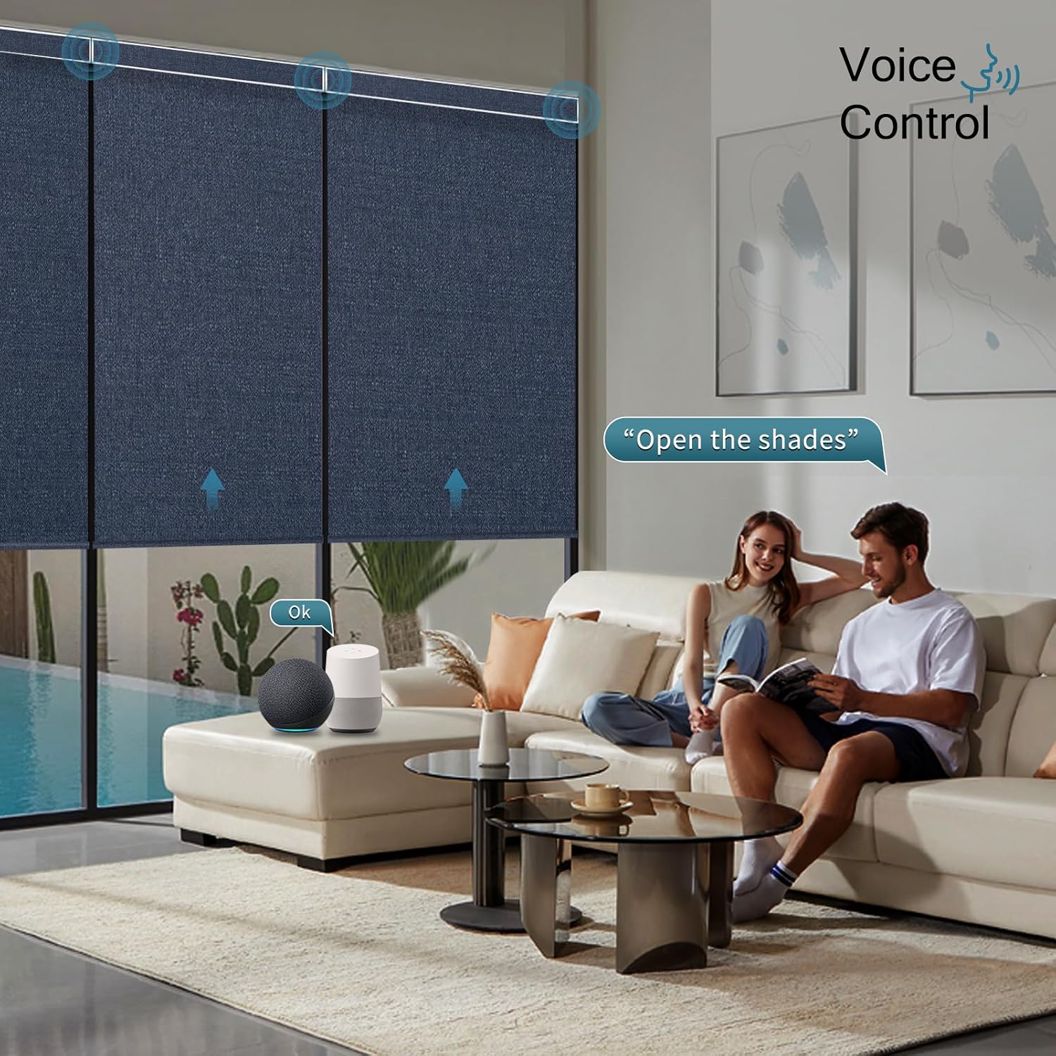 Electric Blinds Compatible with Alexa,Google Home,Motorized Roller Shades with Valance,100% Blackout Automatic Shades for Home&Office,Dark Denim