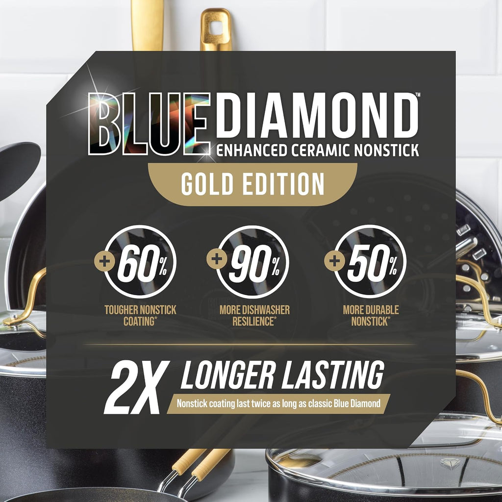 Blue Diamond Gold 12 Piece Cookware Set, PFAS-Free Ceramic Nonstick Pots & Pans, Induction Ready for All Cooktops, Kitchen Serving Utensils, Dishwasher Safe, Black