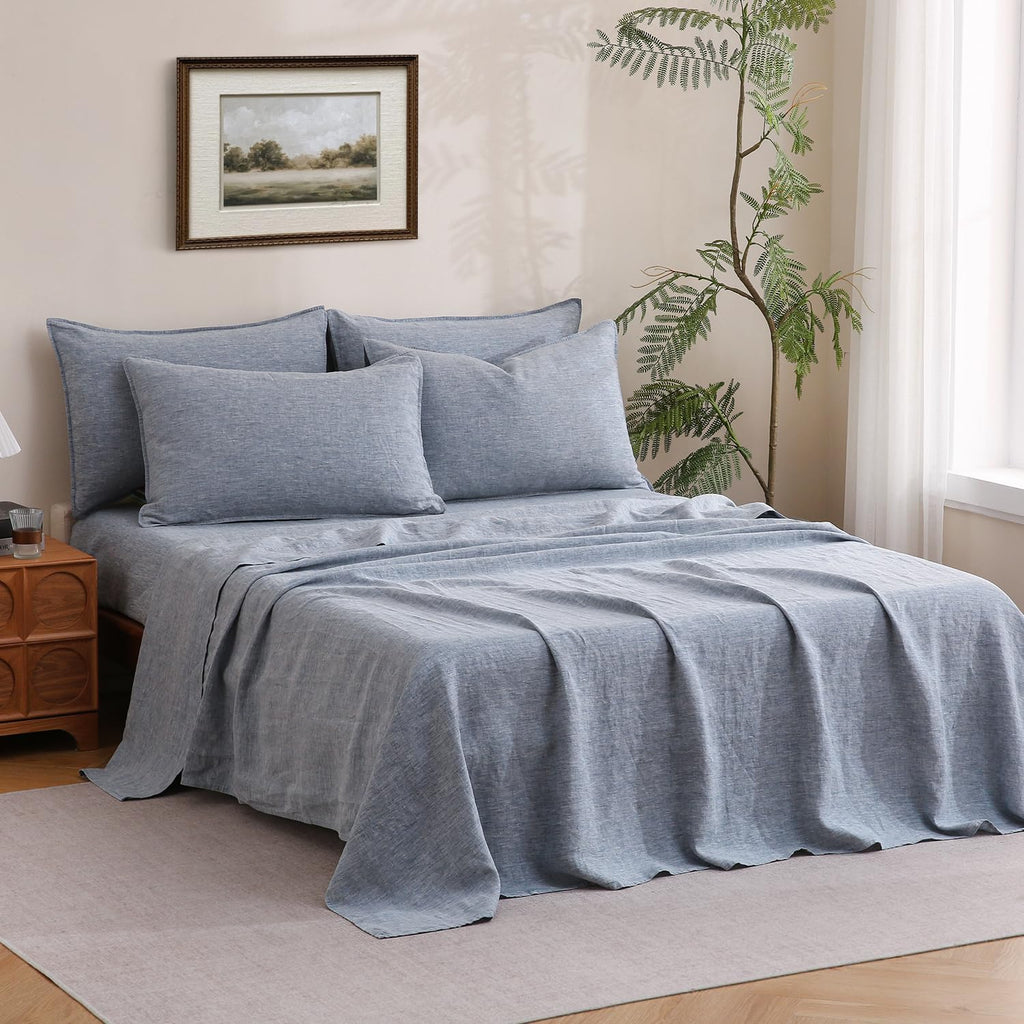 S VICTORY SYMBOL 100% Organic Linen Chambray Sheets Set Queen Size,Washed French Flax Bed Sheets 4 Pieces(2 Pillowcases,1 Fitted Sheet,1 Flat Sheet) Blue Denim,Yarn Dyed Natural Linen Bedding