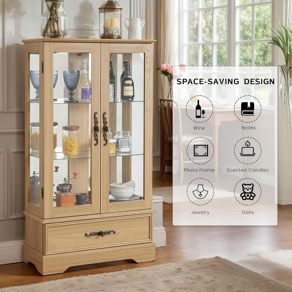47' Lighted Glass Accent Curio Cabinet, 3-Tier Antique Storage Cage with Adjustable Shelves & Drawer, Acrylic Mirrored Pane, Light Blub Included, Small China Cabinet for Living Room (Light Oak)