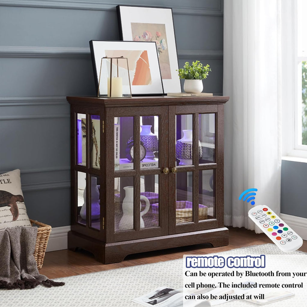 2 Door Curio Display Cabinet with LED Light & Adjustable Shelves, 30' Tableware Display Sideboard w/Mirrored Back Pane, Modern Glass Display Storage Cabinet for Kitchen & Living Room (Cherry)