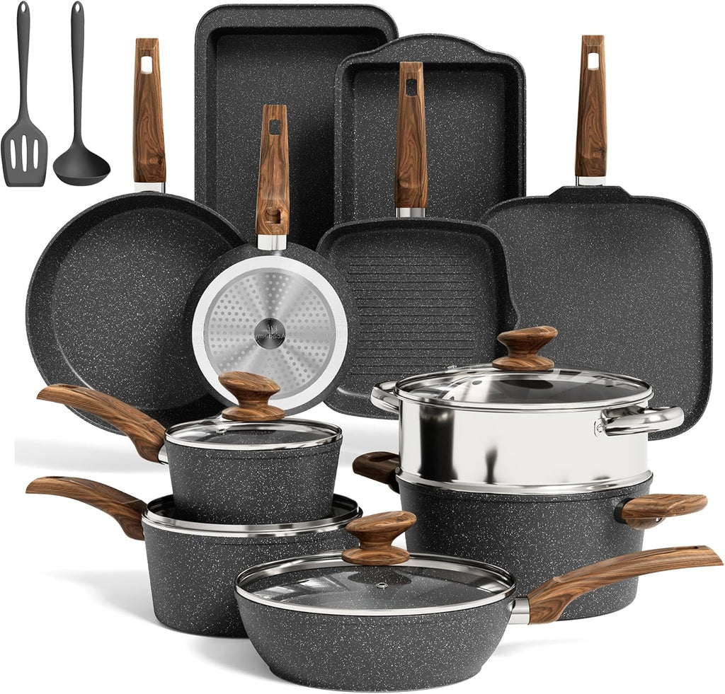 MAISON ARTS 17 Piece Black Pots and Pans Set Non Stick Granite, Non Toxic Induction Kitchen Cookware Sets, Pan and Pot Sets for Cooking Nonstick
