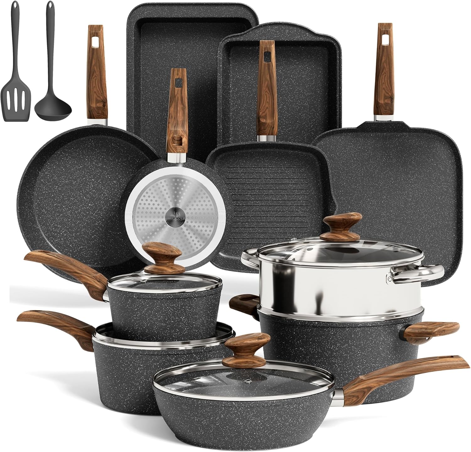 MAISON ARTS 17 Piece Black Pots and Pans Set Non Stick Granite, Non Toxic Induction Kitchen Cookware Sets, Pan and Pot Sets for Cooking Nonstick