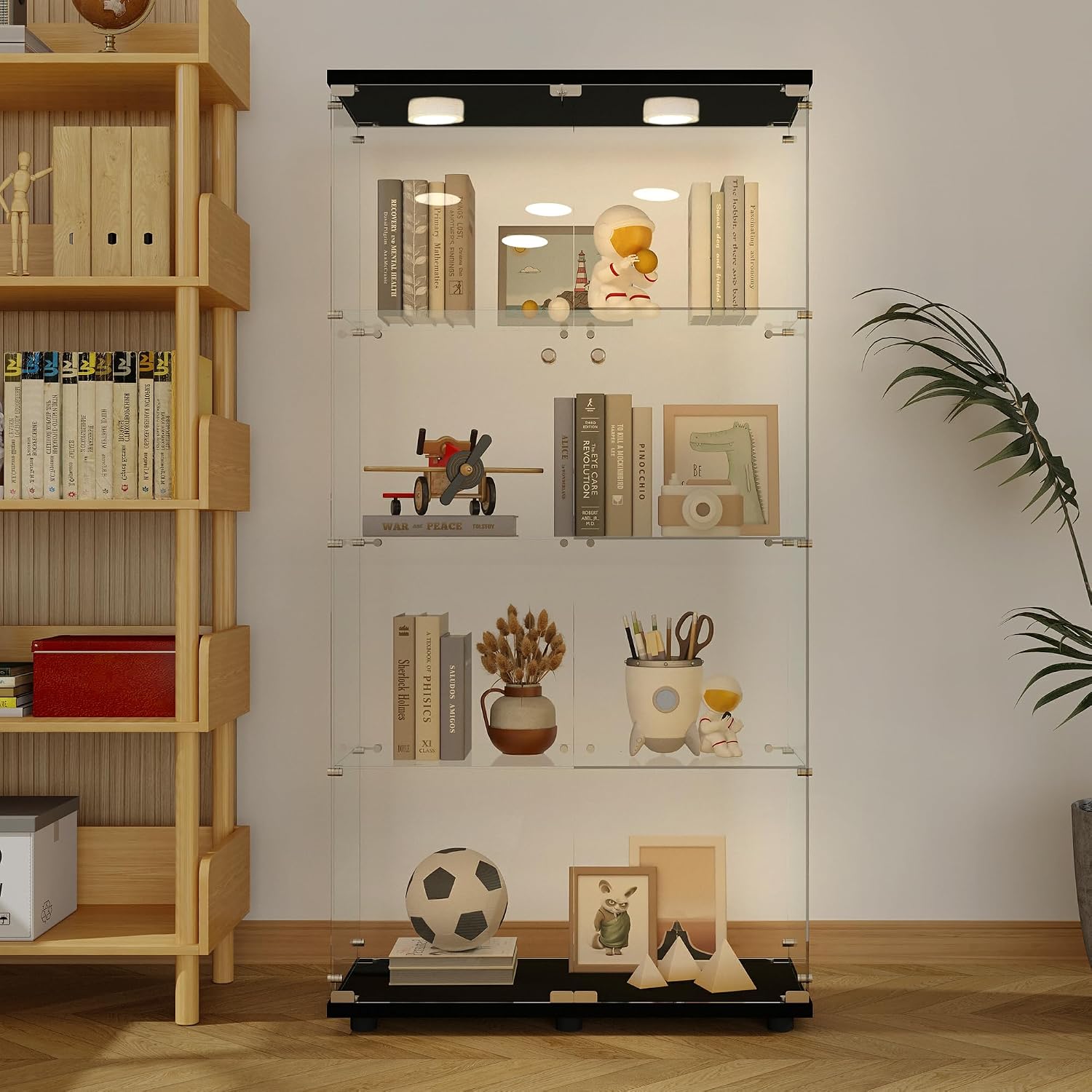 64.69' Tall Tempered Glass Display Cabinet with LED Lights, Curio Cabinet with 4 Shelves with 2 Door, Quick-Install Style Floor Standing Bookshelf File Cabinet for Living Room Office