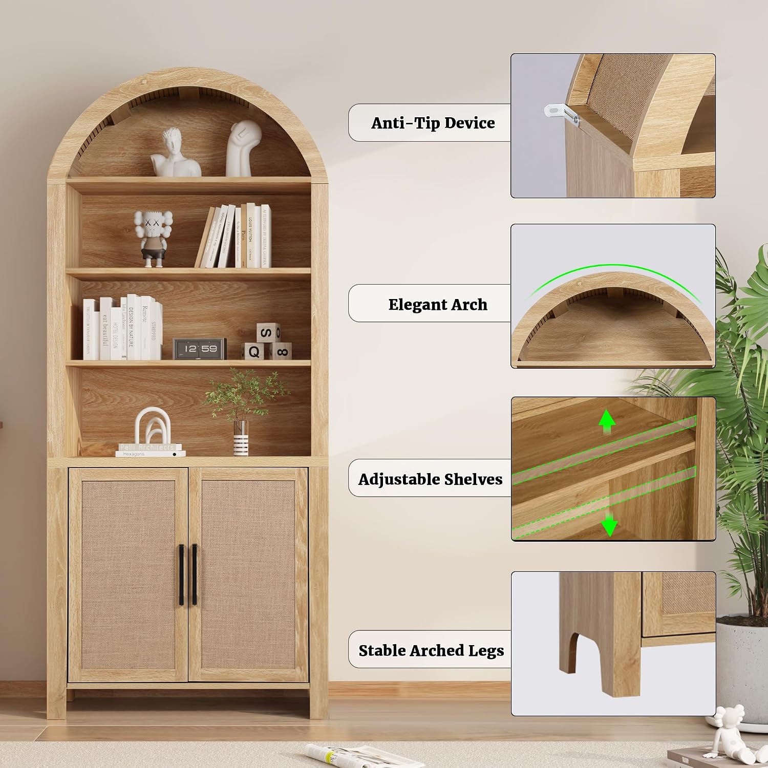Janmer Home 71' Tall Arched Bookcase with Storage, Mid-Century Modern 6-Tier Curved Cabinet with Door, Arched Bookshelf Cabinet with Open Display Storage Shelf for Office Living Room (Natural)