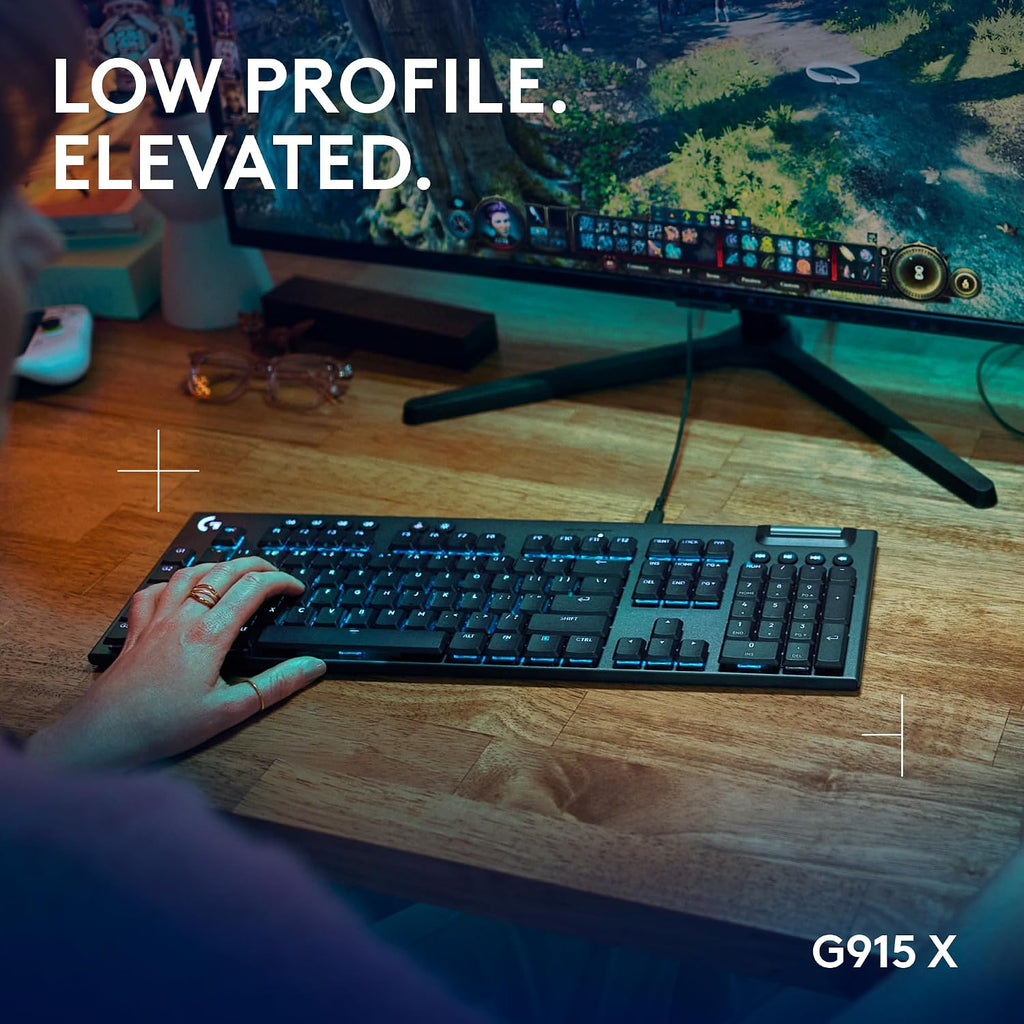 Logitech G915 X Low-Profile Wired Mechanical Gaming Keyboard, Double-Shot PBT Keycaps, Fully Programmable Keys, RGB Lighting, Aluminum Finish, GL Brown Tactile Switches - PC/Mac - Black