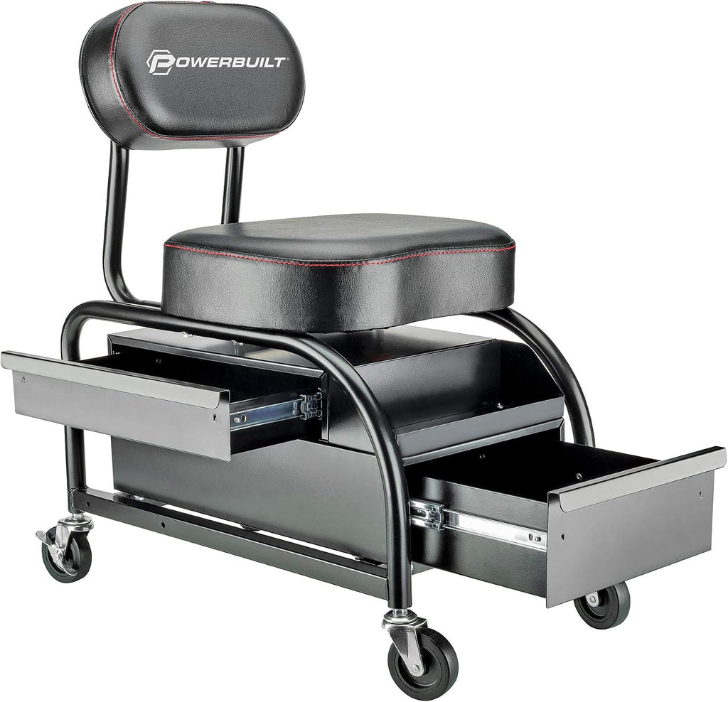 Powerbuilt Professional Car Detailers Mechanics Roller Seat, Heavy Duty Garage Stool with Thick Padded Seat and Backrest, 2 Sliding Storage Drawers, Tool Tray, Can Holders, 3in. Swivel Casters–240299