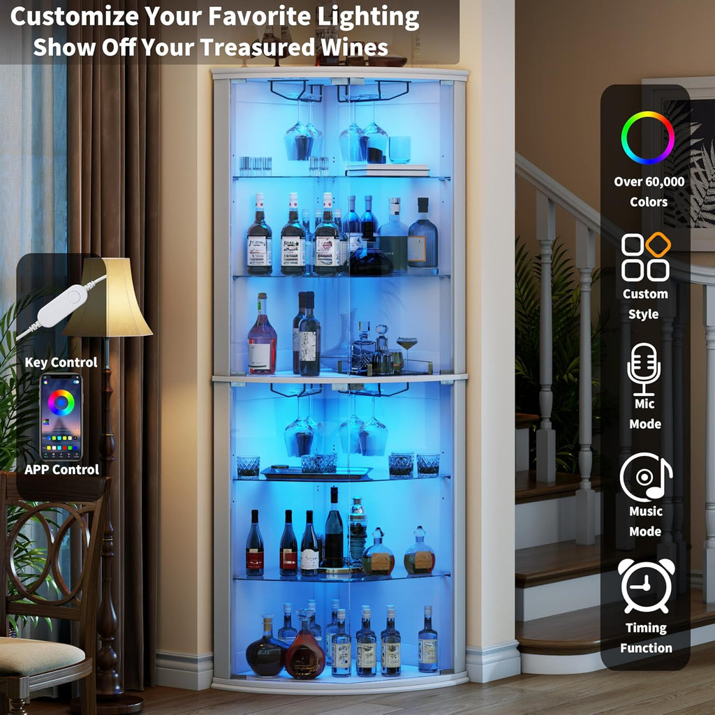 Loomie 70' Corner Bar Cabinet with LED Lights, 6-Tier Modern Wine Cabinet with Glass Door & Glass Holder, Tall Home Bar Liquor Cabinet with Adjustable Shelves for Dining Room, Living Room (White)
