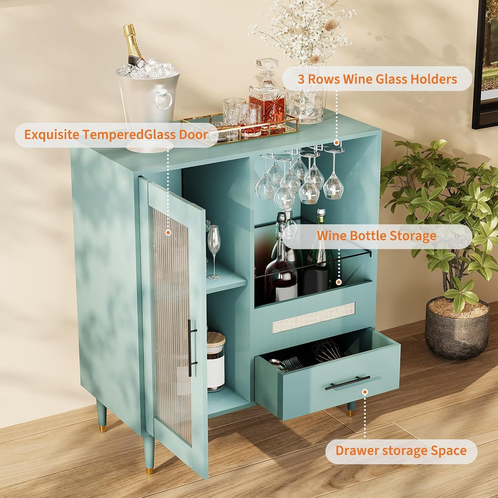 GarveeHome Modern Wine Bar Cabinet with Wine Glass Rack, Glass Door Display and Drawers, Coffee Bar & Liquor Cabinet with Storage, Buffet Sideboard Table for Home, Kitchen, Dining Room, Living Room