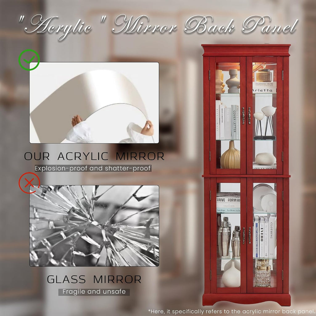 71' Lighted Curio Cabinet with 6 Adjustable Shelves, Vintage Glass Display Case, Tempered Glass Doors, Tall Wine Bar Cabinet for Living Room Liquor Storage, Bulb Included