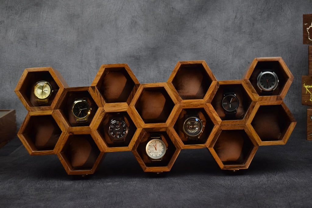 Royal Craft Expertise Hanging Wall Mounted Wooden Watch Box Organizer – 14 Slot Luxury Watch Case for Men & Women | Vintage Rosewood Honeycomb Design | Unisex Wooden Watch Storage Box